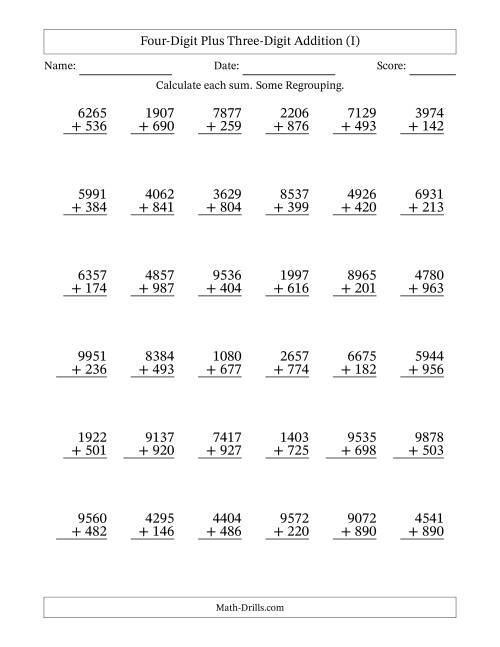 The Four-Digit Plus Three-Digit Addition With Some Regrouping – 36 Questions (I) Math Worksheet