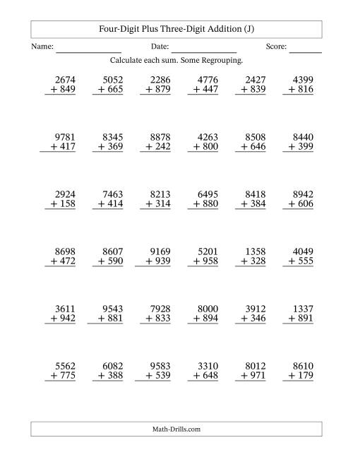 The Four-Digit Plus Three-Digit Addition With Some Regrouping – 36 Questions (J) Math Worksheet