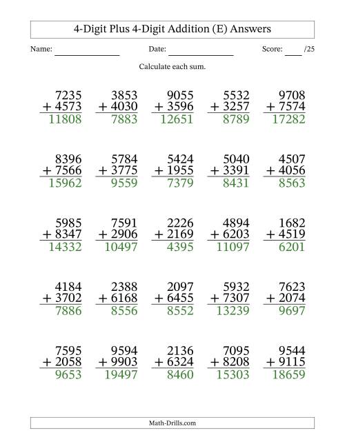 The 4-Digit Plus 4-Digit Addition With Some Regrouping (25 Questions) (E) Math Worksheet Page 2