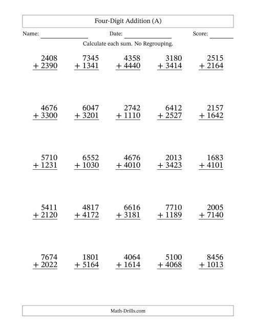 The Four-Digit Addition With No Regrouping – 25 Questions (A) Math Worksheet
