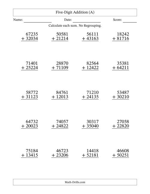 The Five-Digit Addition With No Regrouping – 20 Questions (A) Math Worksheet