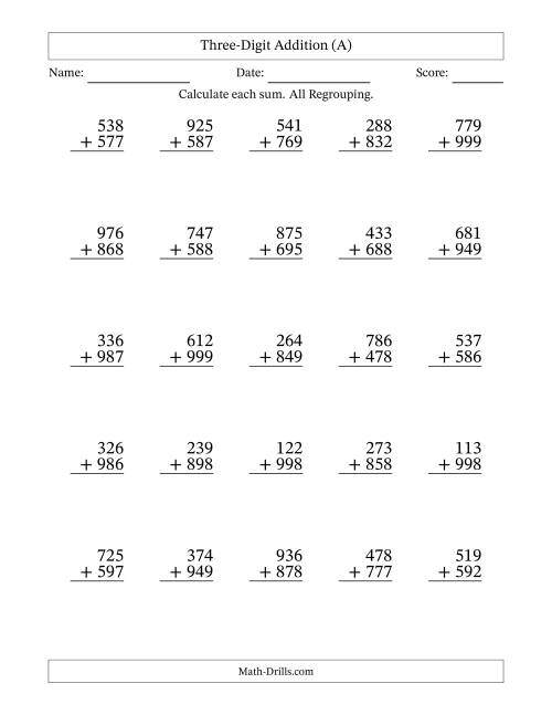 The Three-Digit Addition With All Regrouping – 25 Questions (A) Math Worksheet