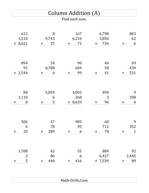 The Adding Three Various-Digit Numbers (A) Math Worksheet
