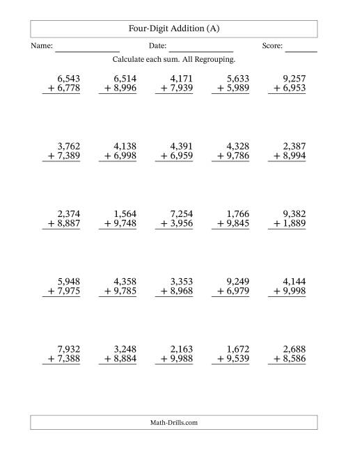 The Four-Digit Addition With All Regrouping – 25 Questions – Comma Separated Thousands (A) Math Worksheet