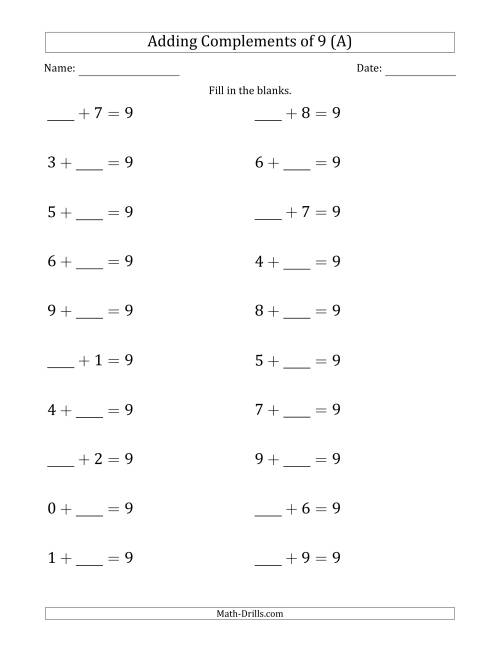 The Adding Complements of 9 (Blanks in First or Second Position) (A) Math Worksheet
