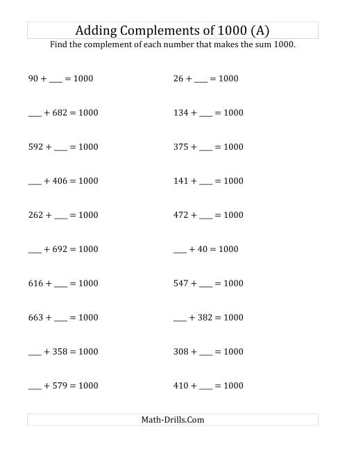 The Adding Complements of 1000 (A) Math Worksheet