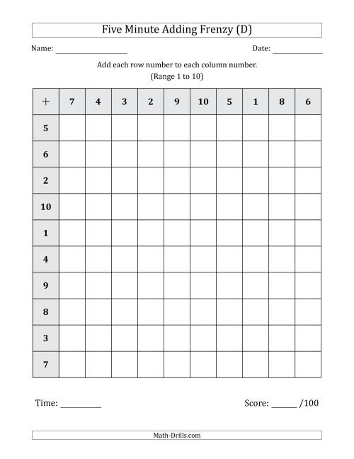 The Five Minute Adding Frenzy (Addend Range 1 to 10) (D) Math Worksheet