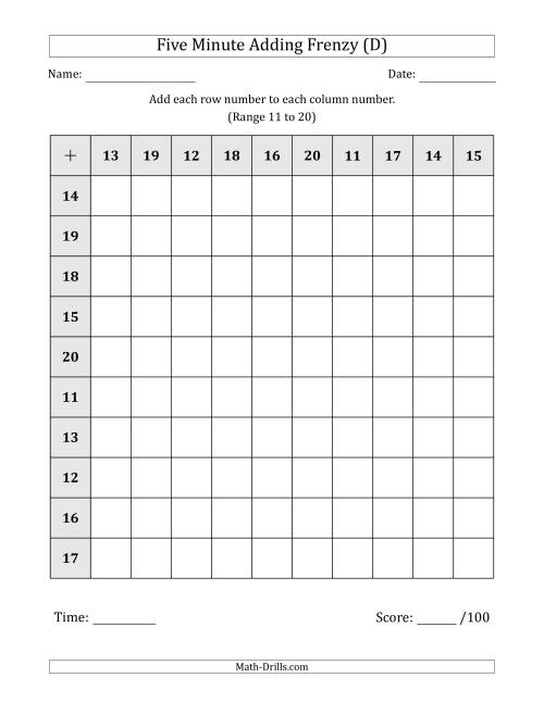 The Five Minute Adding Frenzy (Addend Range 11 to 20) (D) Math Worksheet
