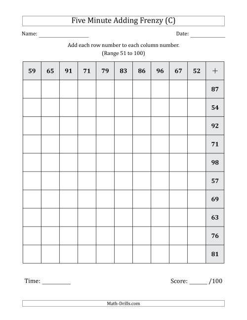 The Five Minute Adding Frenzy (Addend Range 51 to 100) (Left-Handed) (C) Math Worksheet