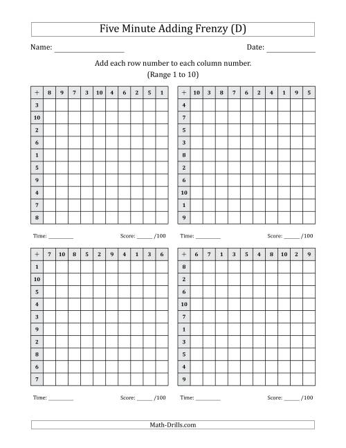 The Five Minute Adding Frenzy (Addend Range 1 to 10) (4 Charts) (D) Math Worksheet
