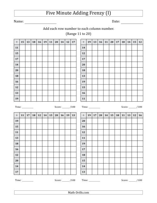 The Five Minute Adding Frenzy (Addend Range 11 to 20) (4 Charts) (I) Math Worksheet