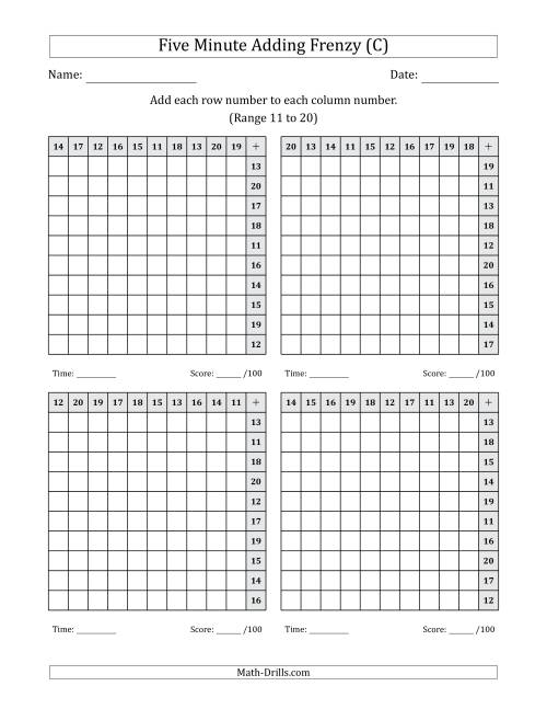 The Five Minute Adding Frenzy (Addend Range 11 to 20) (4 Charts) (Left-Handed) (C) Math Worksheet