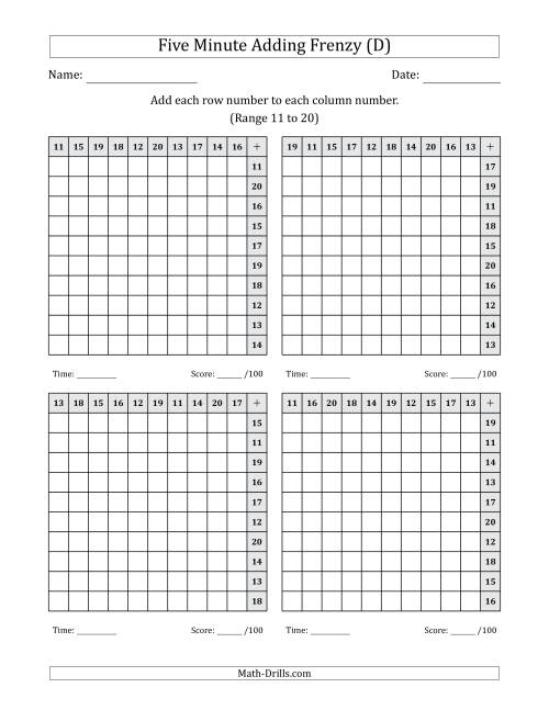 The Five Minute Adding Frenzy (Addend Range 11 to 20) (4 Charts) (Left-Handed) (D) Math Worksheet