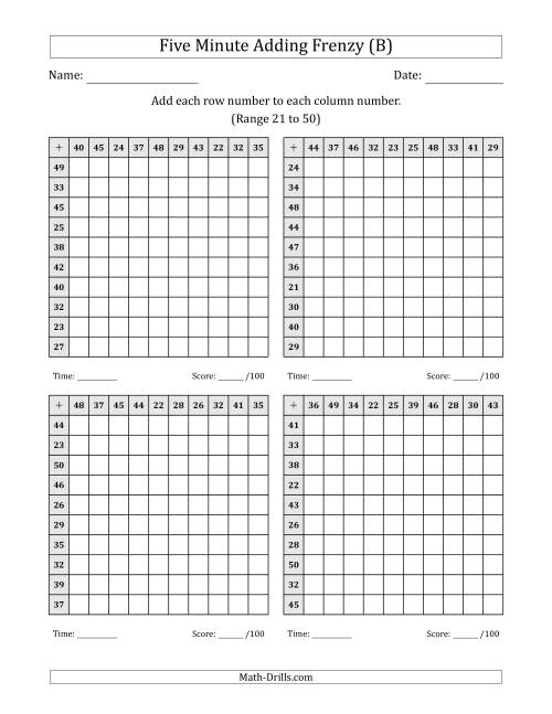 The Five Minute Adding Frenzy (Addend Range 21 to 50) (4 Charts) (B) Math Worksheet