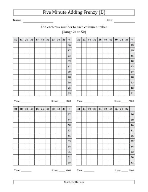 The Five Minute Adding Frenzy (Addend Range 21 to 50) (4 Charts) (Left-Handed) (D) Math Worksheet