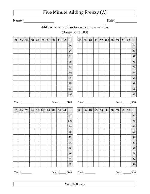 The Five Minute Adding Frenzy (Addend Range 51 to 100) (4 Charts) (Left-Handed) (All) Math Worksheet