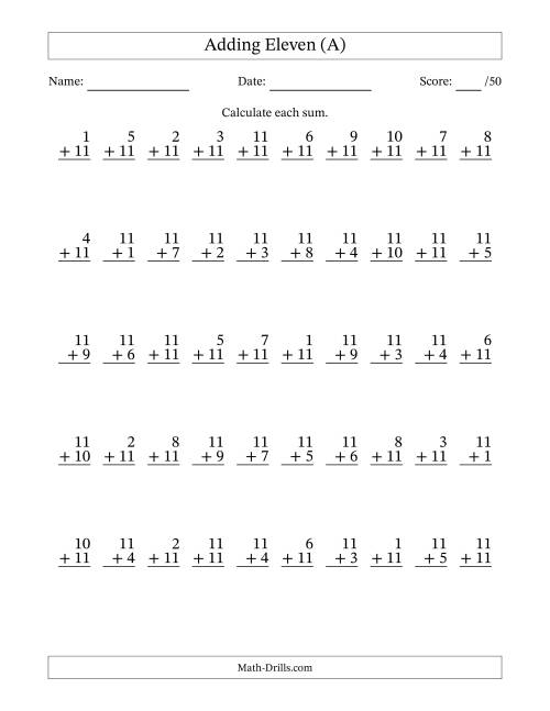The Adding Eleven With The Other Addend From 1 to 11 – 50 Questions (A) Math Worksheet
