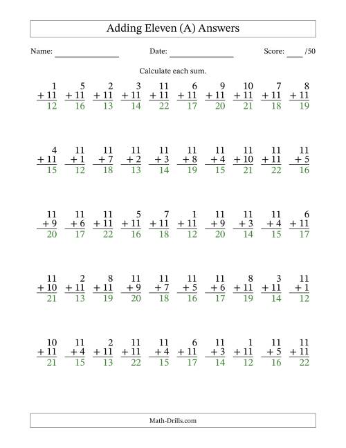 The Adding Eleven With The Other Addend From 1 to 11 – 50 Questions (A) Math Worksheet Page 2