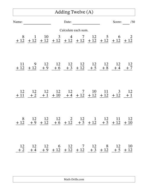 The Adding Twelve With The Other Addend From 1 to 12 – 50 Questions (A) Math Worksheet
