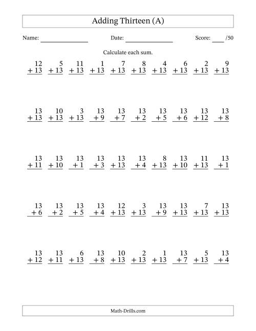 The Adding Thirteen With The Other Addend From 1 to 13 – 50 Questions (A) Math Worksheet