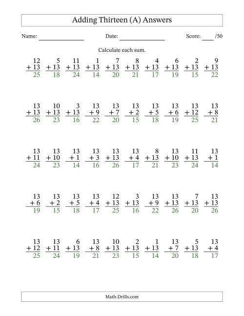 The Adding Thirteen With The Other Addend From 1 to 13 – 50 Questions (A) Math Worksheet Page 2