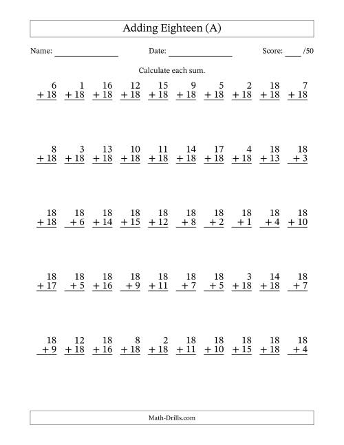 The Adding Eighteen With The Other Addend From 1 to 18 – 50 Questions (A) Math Worksheet