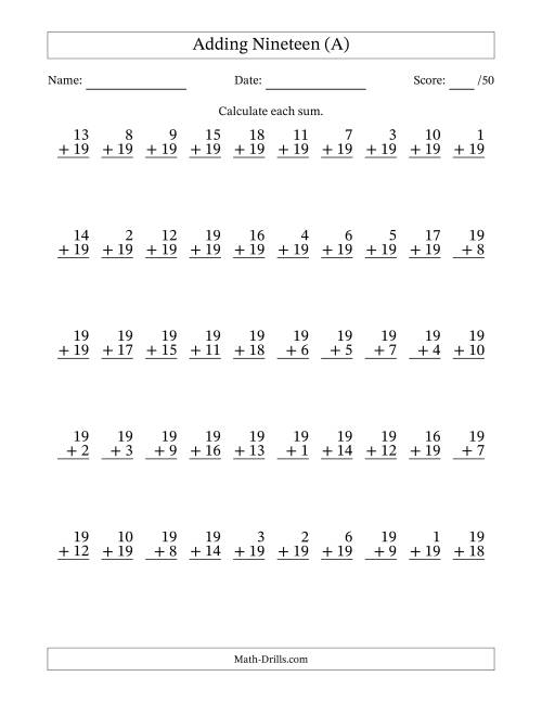 The Adding Nineteen With The Other Addend From 1 to 19 – 50 Questions (A) Math Worksheet