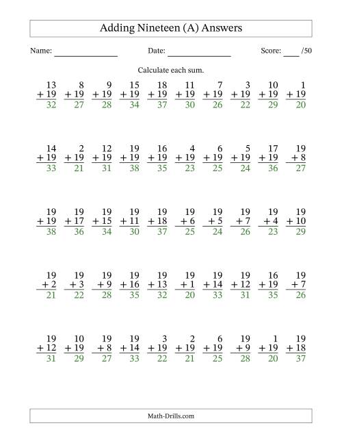 The Adding Nineteen With The Other Addend From 1 to 19 – 50 Questions (A) Math Worksheet Page 2