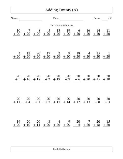 The Adding Twenty With The Other Addend From 1 to 20 – 50 Questions (A) Math Worksheet