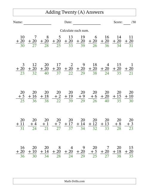 The Adding Twenty With The Other Addend From 1 to 20 – 50 Questions (A) Math Worksheet Page 2