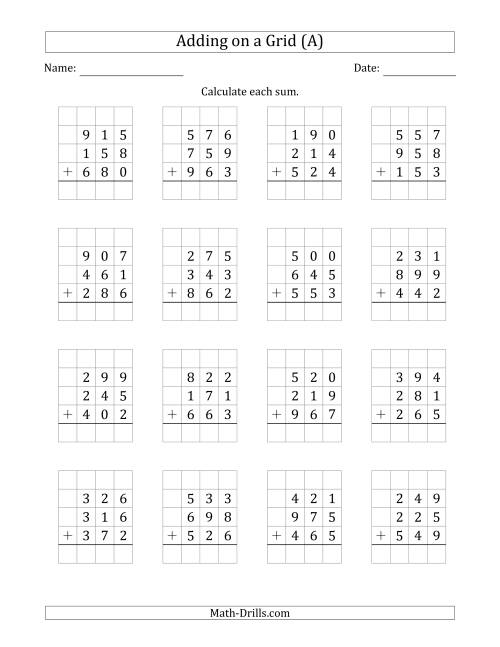 The Adding Three 3-Digit Numbers on a Grid (A) Math Worksheet