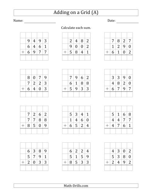 The Adding Three 4-Digit Numbers on a Grid (A) Math Worksheet