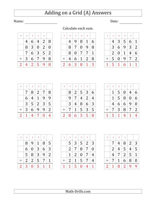 The Adding Four 5-Digit Numbers on a Grid (A) Math Worksheet Page 2