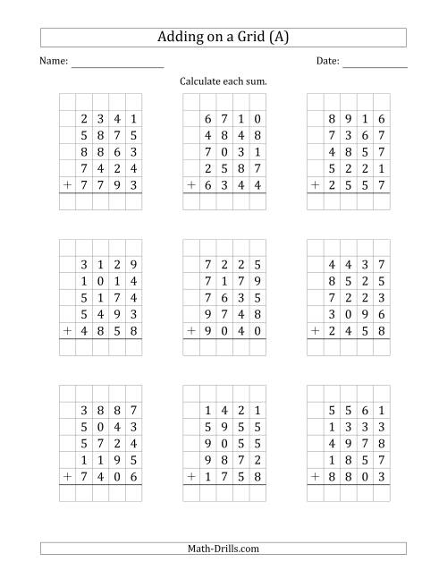 The Adding Five 4-Digit Numbers on a Grid (A) Math Worksheet