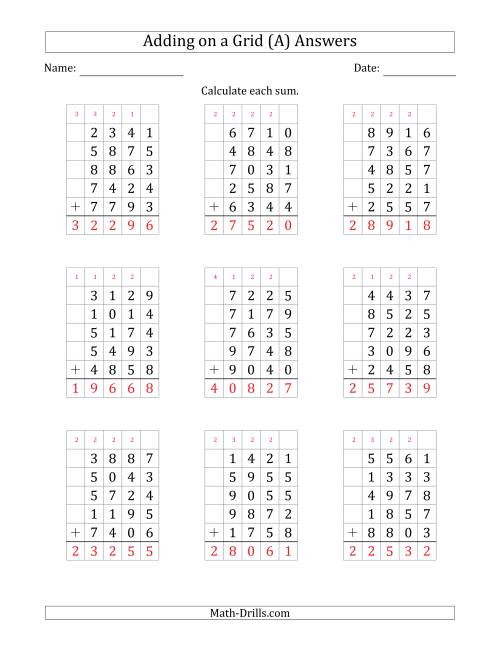 The Adding Five 4-Digit Numbers on a Grid (A) Math Worksheet Page 2