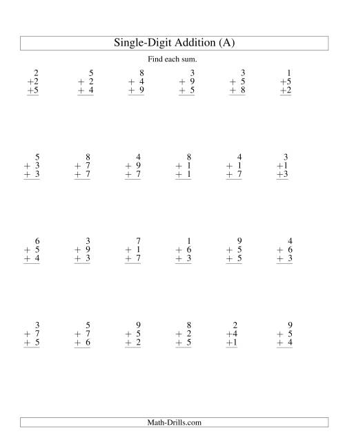 The Column Addition -- Three Single-Digit Numbers (A) Math Worksheet