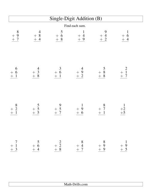 The Column Addition -- Three Single-Digit Numbers (B) Math Worksheet