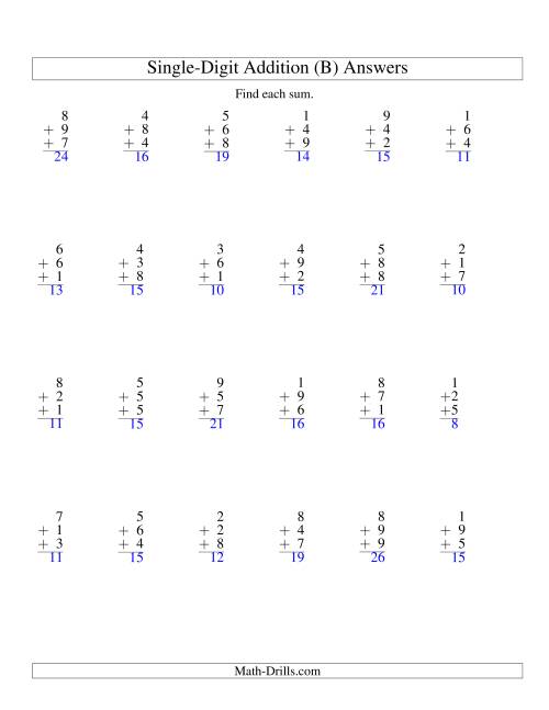 The Column Addition -- Three Single-Digit Numbers (B) Math Worksheet Page 2