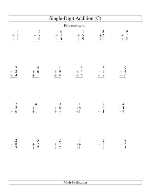 The Column Addition -- Three Single-Digit Numbers (C) Math Worksheet