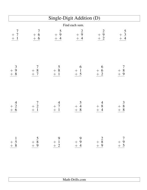 The Column Addition -- Three Single-Digit Numbers (D) Math Worksheet