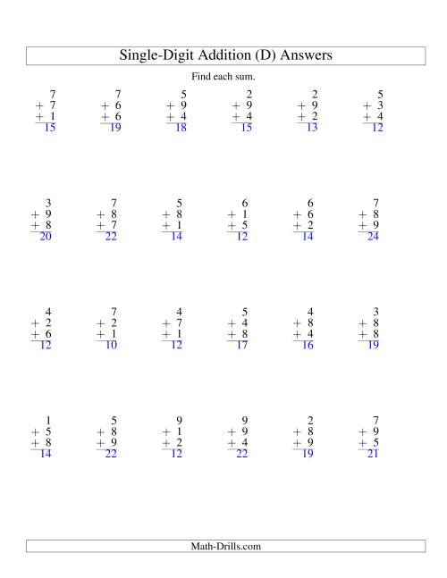 The Column Addition -- Three Single-Digit Numbers (D) Math Worksheet Page 2