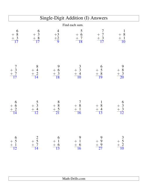 The Column Addition -- Three Single-Digit Numbers (I) Math Worksheet Page 2