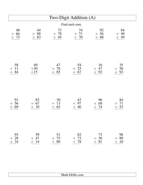 The Column Addition -- Three Two-Digit Numbers (A) Math Worksheet