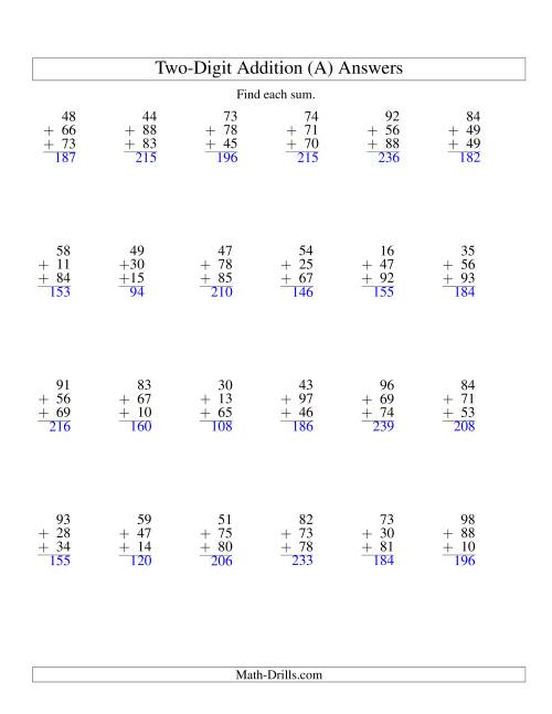 The Column Addition -- Three Two-Digit Numbers (A) Math Worksheet Page 2