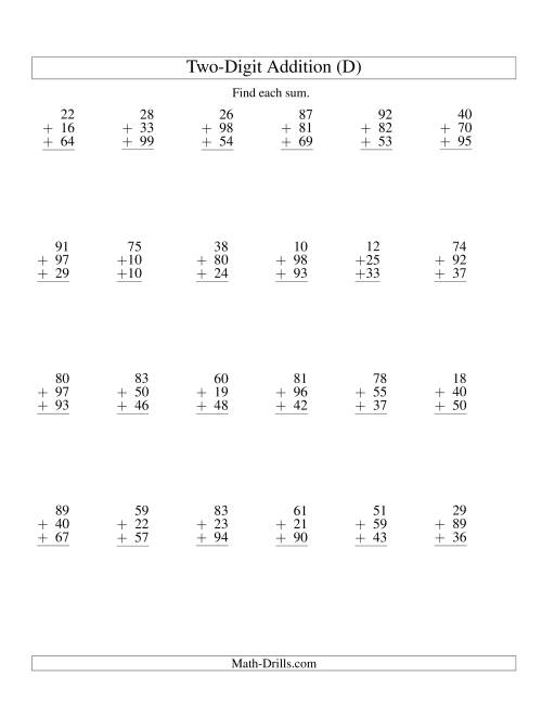 The Column Addition -- Three Two-Digit Numbers (D) Math Worksheet
