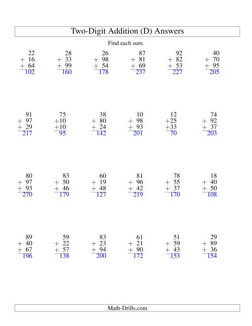 The Column Addition -- Three Two-Digit Numbers (D) Math Worksheet Page 2