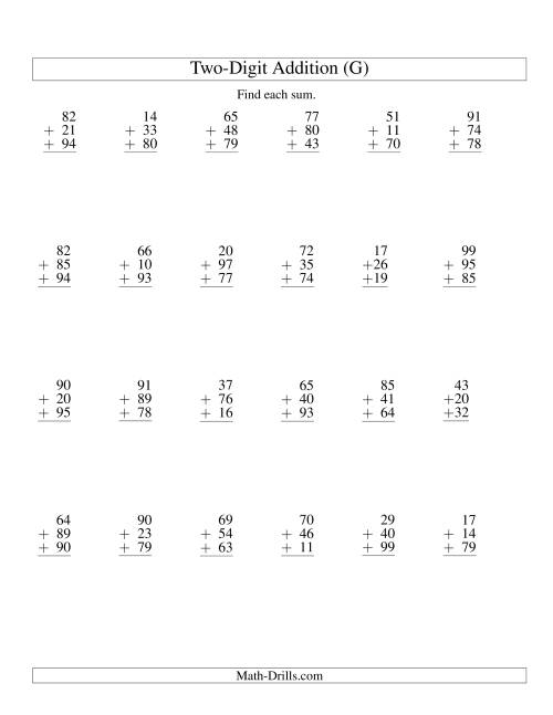 The Column Addition -- Three Two-Digit Numbers (G) Math Worksheet
