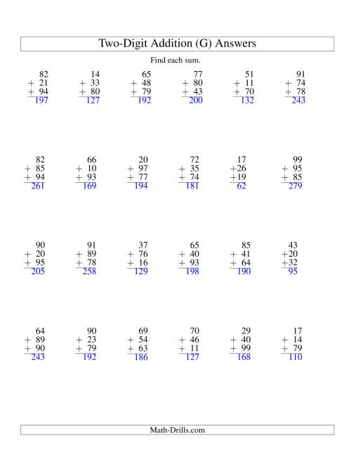 The Column Addition -- Three Two-Digit Numbers (G) Math Worksheet Page 2