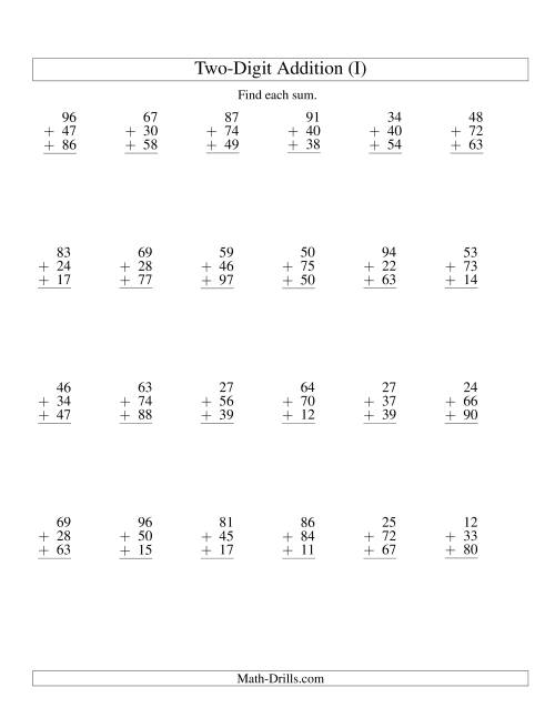 The Column Addition -- Three Two-Digit Numbers (I) Math Worksheet