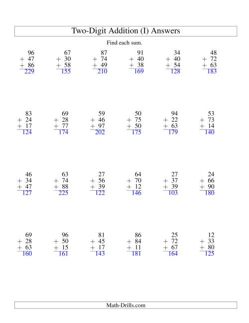 The Column Addition -- Three Two-Digit Numbers (I) Math Worksheet Page 2